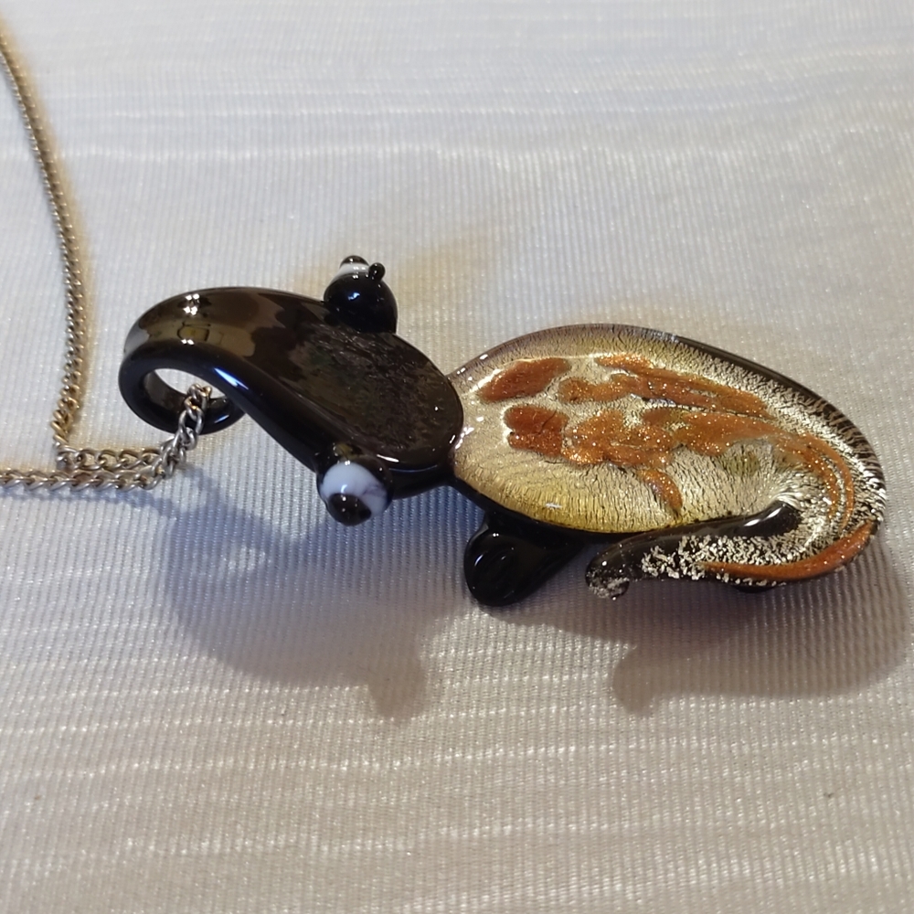 Art Glass Alligator Lizard Gekko Gold Foil Glitter Black Pendant Necklace
